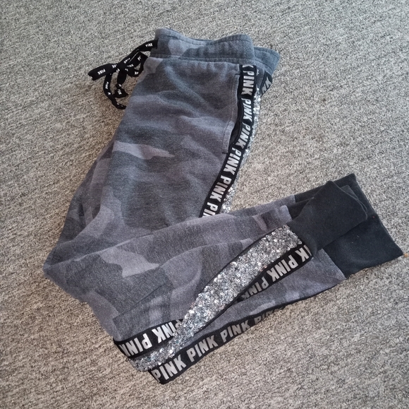 PINK Victoria's Secret Pants - Victoria Secret pink gray camo and silver sequin sweat pants size small